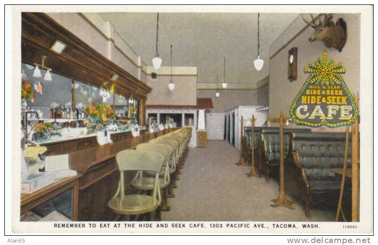 Hide & Seek Cafe, Tacoma WA, Interior View Restaurant  On C1920 Vintage Postcard - Tacoma