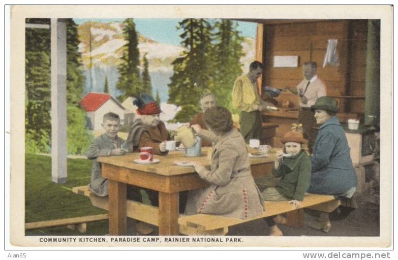 Mt. Rainier National Park, Community Kitchen Paradise Camp, Picnic, Coffee, On C1930 Vintage Postcard - Other & Unclassified