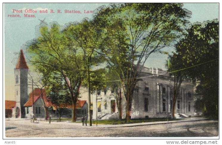 Post Office And Railroad Station, Lawrence MA, On 1910s Vintage Postcard - Lawrence