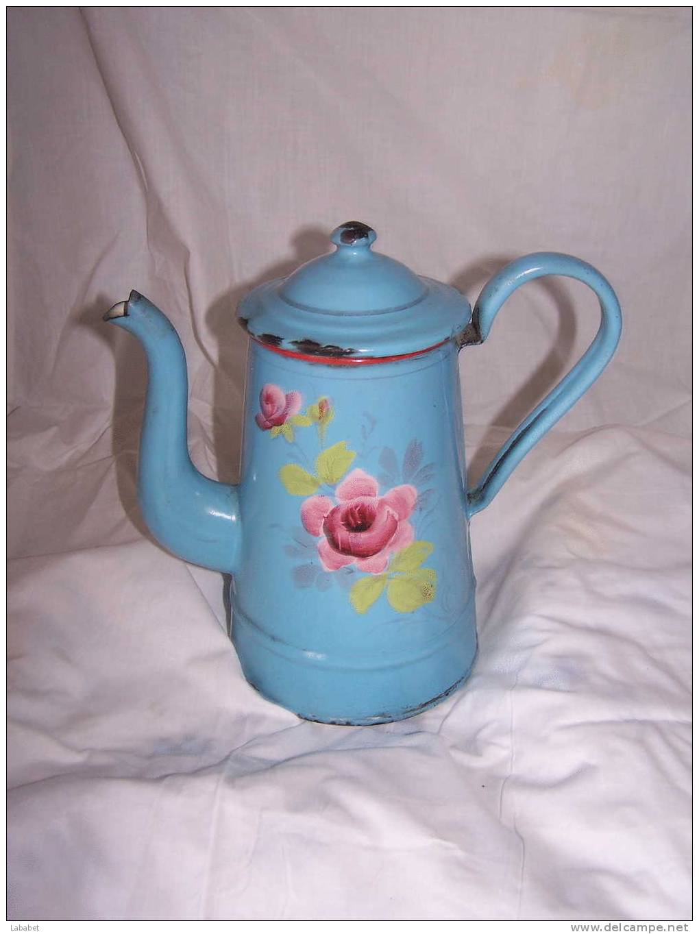 Bas De Cafetiere En Email  Bleu A Decor   De Roses - Art Populaire