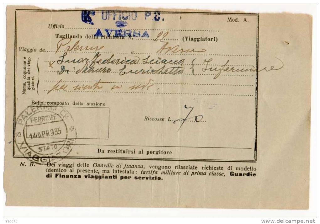 AVERSA - PALERMO - 14.04.1935  / BIGLIETTO TRENO MOD. "A" Anche  X GUARDIE DI FINANZA - Europe