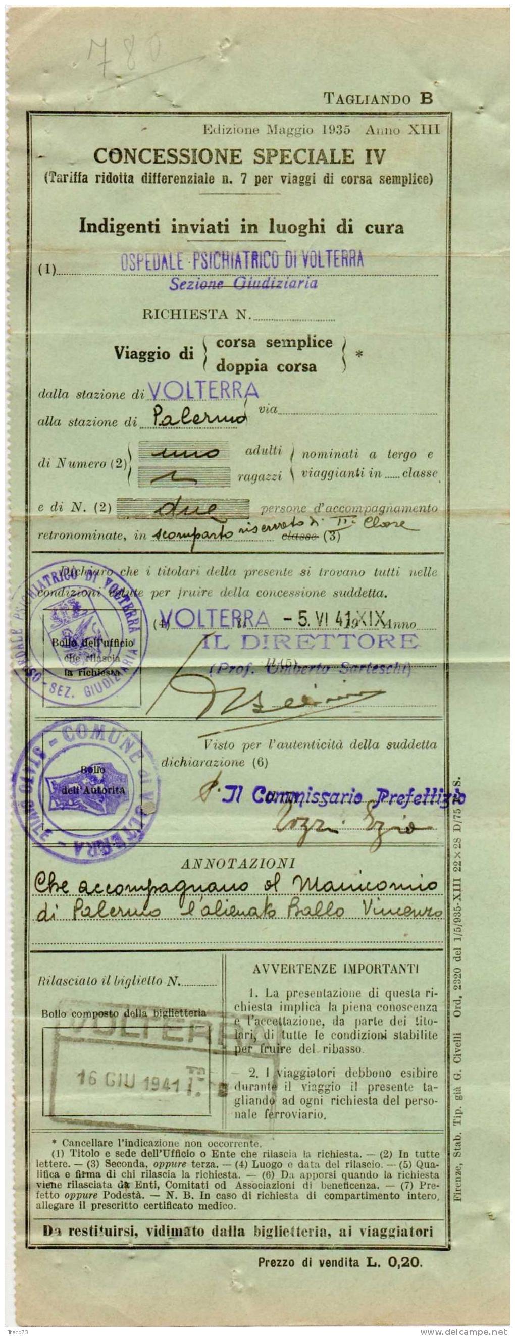 VOLTERRA - PALERMO  - 05.06.1941  /  CONCESSIONE SPECIALE IV - Europe