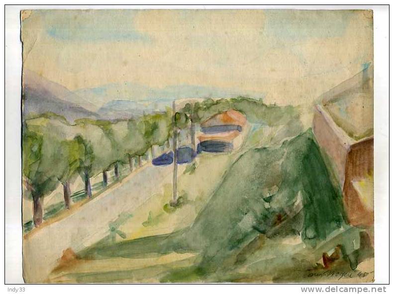 VUE D´UN CANAL EN SURPLOMB . AQUARELLE SIGNEE L. NOGUE ET DATEE 45 - Acquarelli