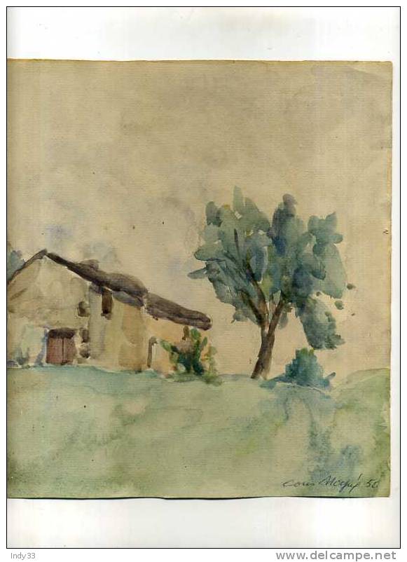 -VUE D´UNE MAISON A LA CAMPAGNE . AQUARELLE SIGNEE L. NOGUE ET DATEE 50 - Aquarelles