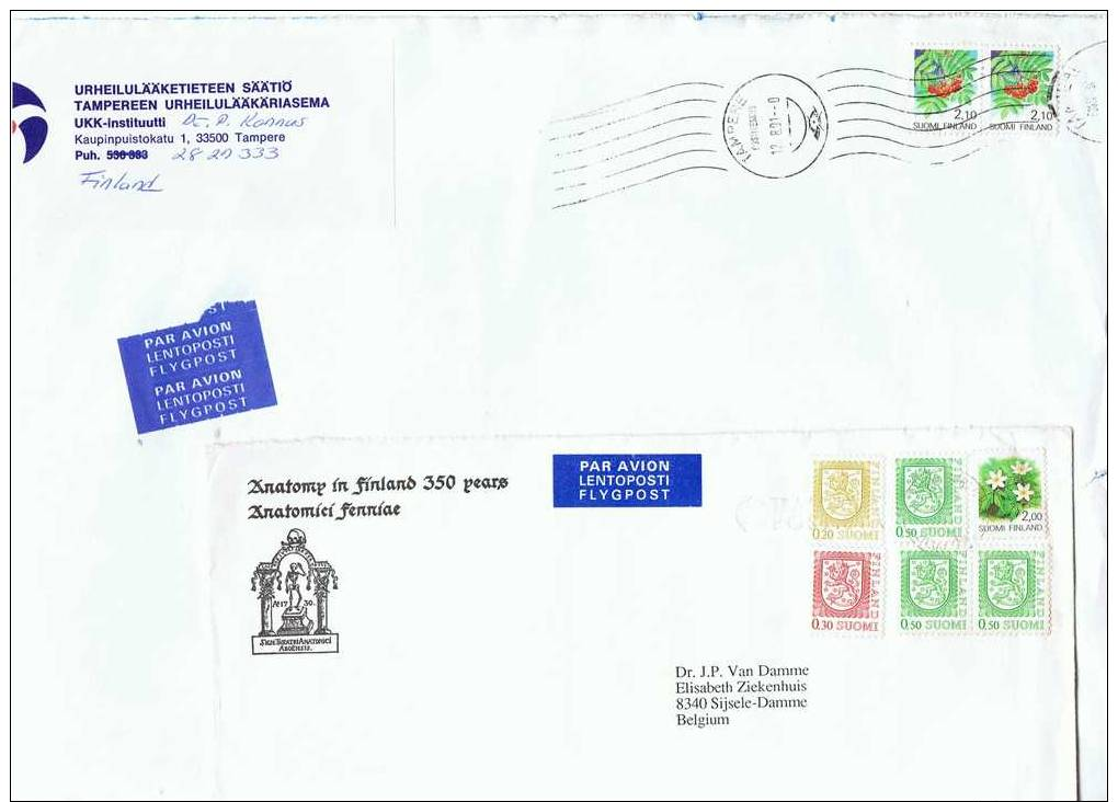 2 AIR MAIL COVERS -- BELGIUM.Interesting Rate.350 Years Of Anatomy In Finland. FLOWERS + FRUIT - Oblitérés