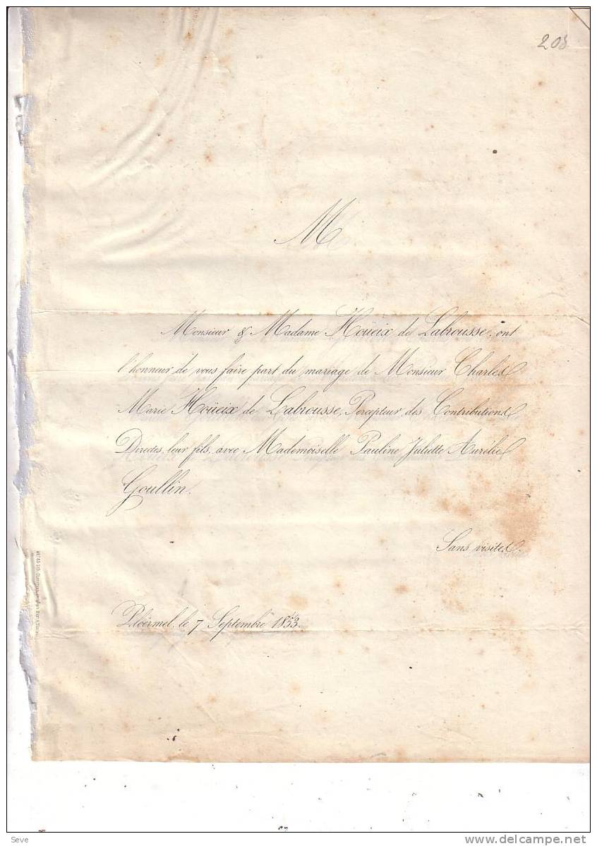 PLOERMEL Et BOURGNEUF Mariage 1853 HOUEIX De LABROUSSE Et GOULLIN Les 2 Faire-parts échangés - Andere & Zonder Classificatie