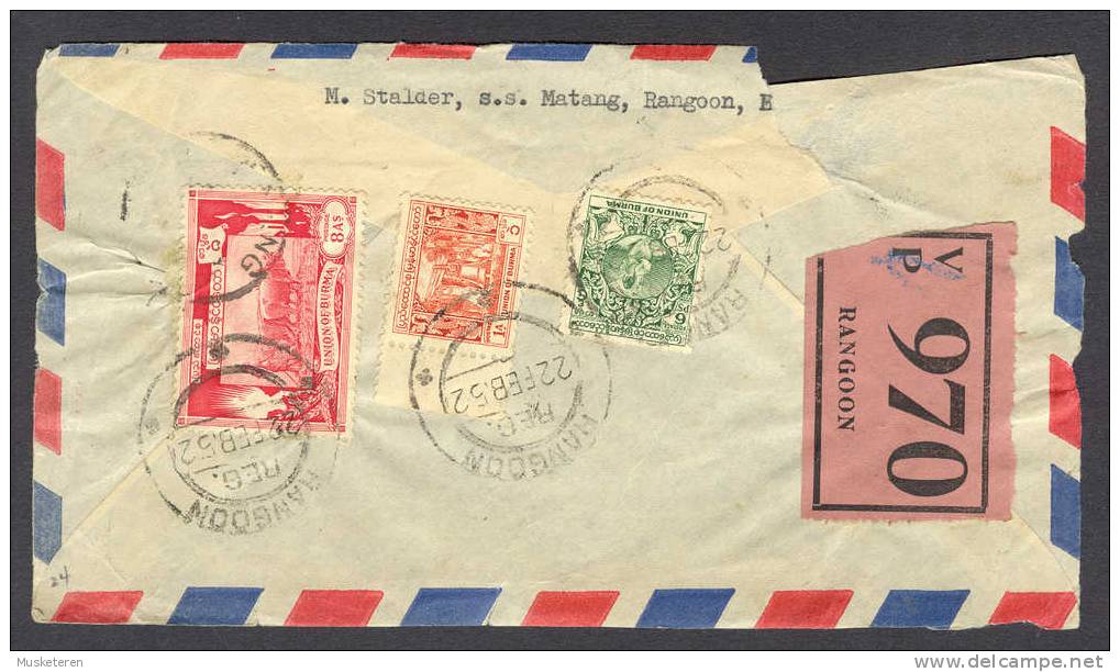 Burma Registered Rangoon Ship Mail Backside S.S. Matang Coverside 1952 Mult Franked - Birma (...-1947)