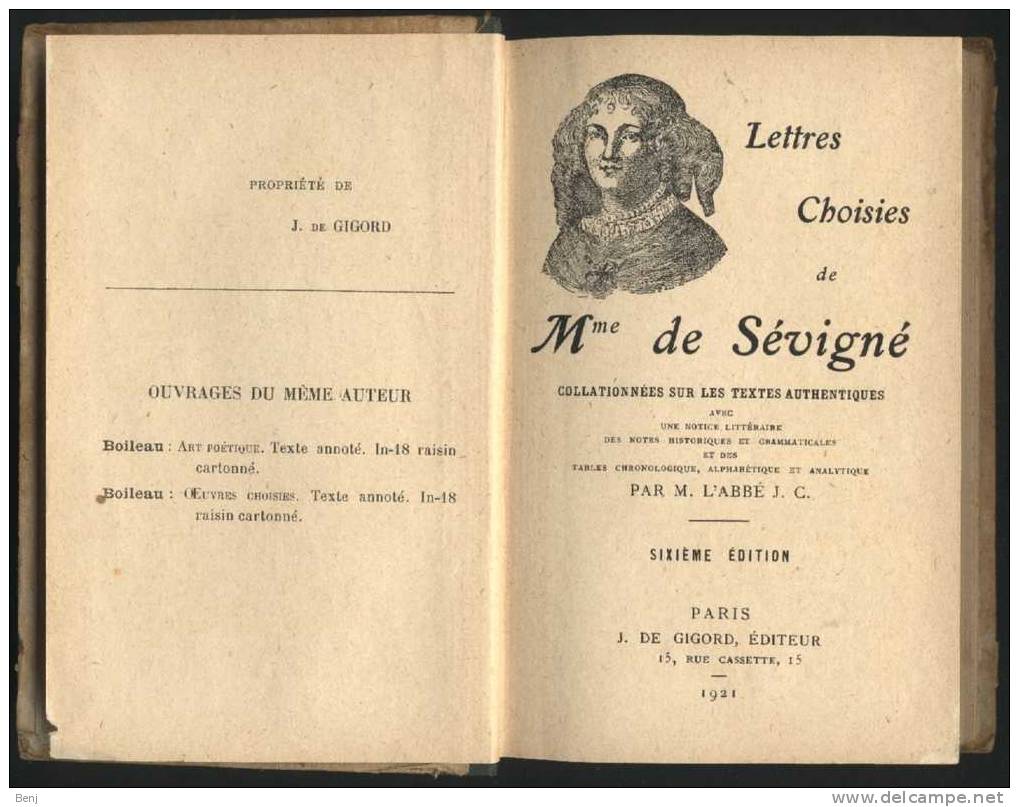 Livre Ancien LETTRES CHOISIES DE MME DE SEVIGNÉ (Abbé J. C. - Sixième édition - 1921) - 1901-1940