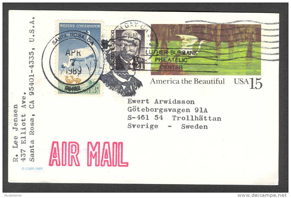United States Airmail Upfranked Postal Stationery Ganzsache 1989 America Beautiful Crane Carlson Luther Burbank Center - 1981-00