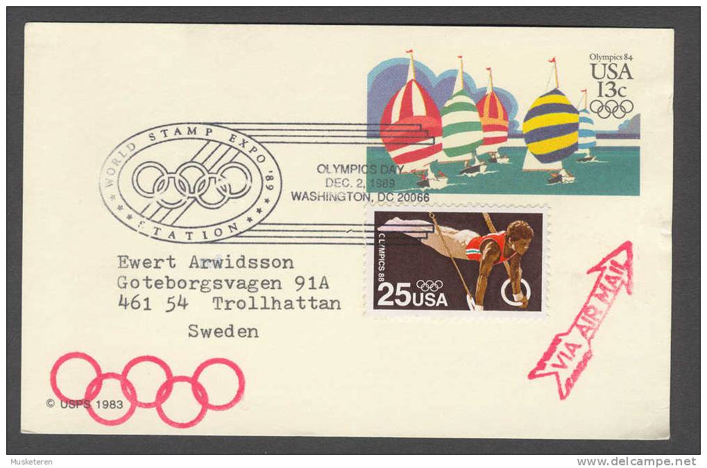 United States Airmail Postal Stationery Ganzsache Entier 1989 World Stamp EXPO ´89 To Sweden Olympics ´84 Sailing Ships - 1981-00