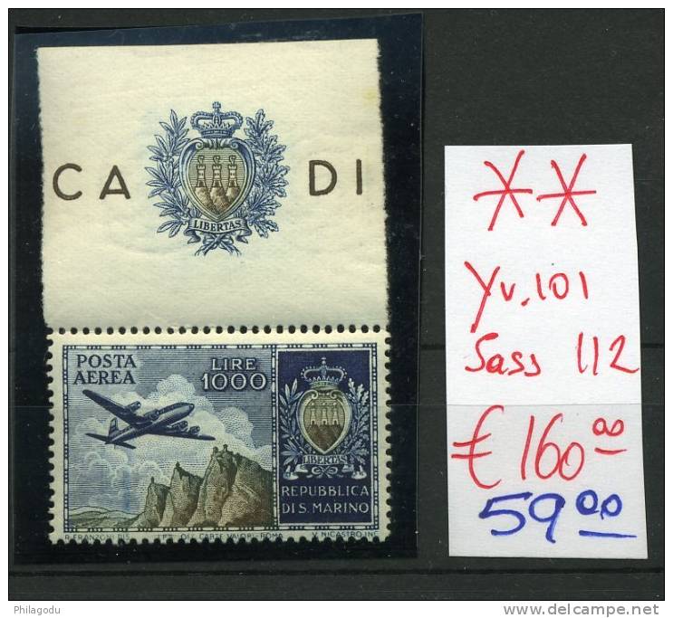 RSM  Avion 101 LUXE  ++ Postfrich Sassone 112   ++ Cote 160 € - Unused Stamps