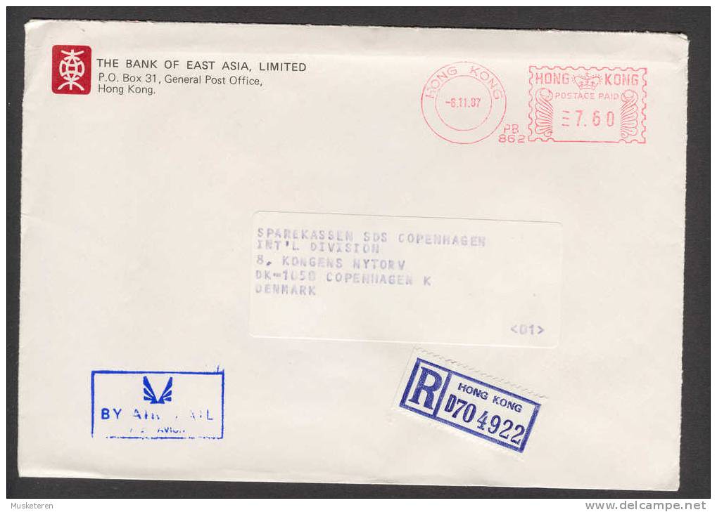 Hong Kong Bank Of Asia Purple Airmail Par Avion Cancel Registered Meter Stamp Cover 1987 To Sparrekassen SDS In Denmark - Lettres & Documents