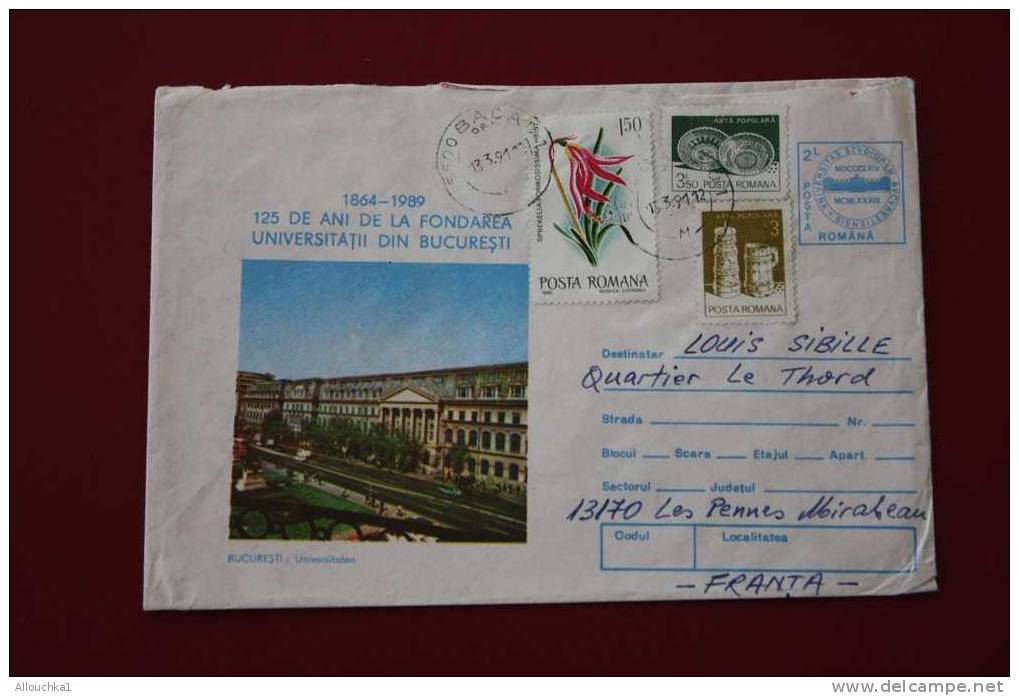 LETTER MARCOPHILIA LETTRE ILLUSTREE  125 ANS FONDATION  UNIVERSITE DE BUCAREST ROUMANIE ROMANIA ROMINA 1991 - Marcofilie