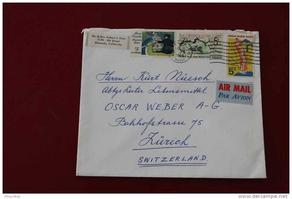 1966 LETTER MARCOPHILIE LETTRE USA ETATS UNIS AMERIQUE UNITED STATES ALAMEDA CALIFORNIE:ZURICH SUISSE AIR MAIL + LABEL - Postal History