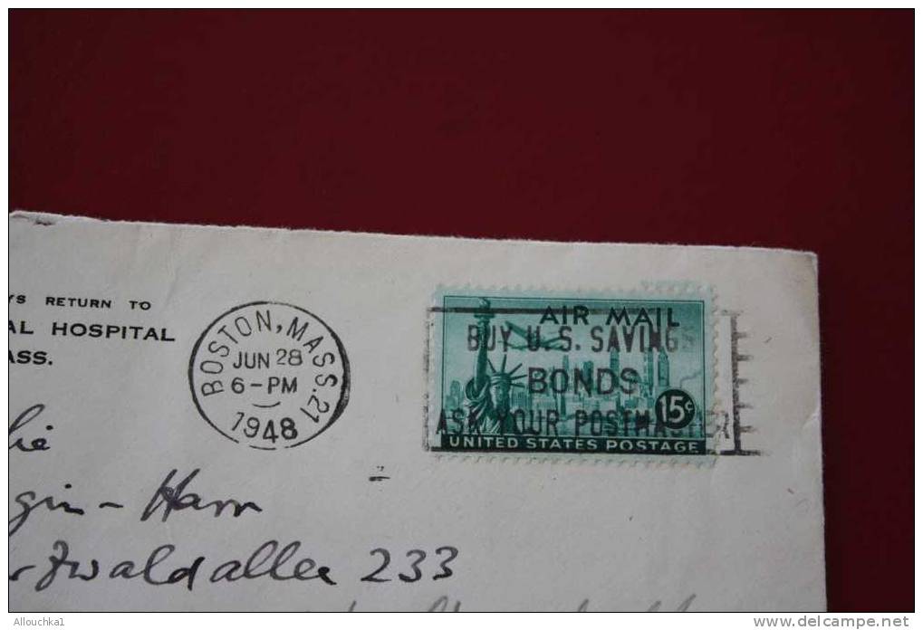 1948 LETTER MARCOPHILIE LETTRE USA ETATS UNIS AMERIQUE UNITED STATES:BOSTON MASS. GEN HOSPITAL P/ BASEL  SUISSE - Postal History