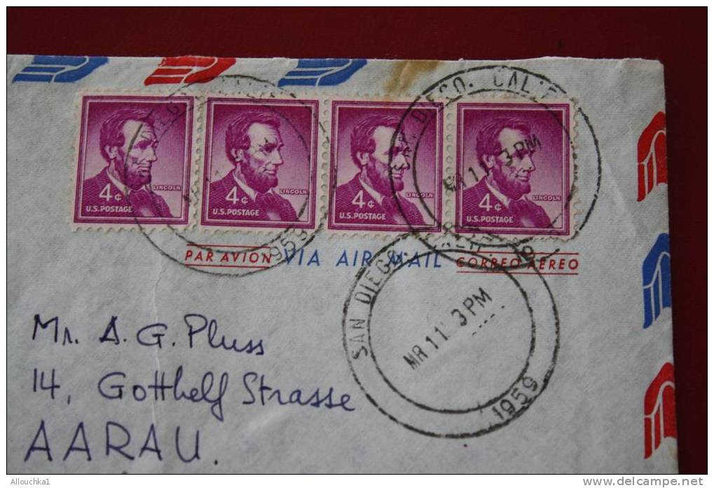 1959 LETTER MARCOPHILIE LETTRE USA ETATS UNIS AMERIQUE UNITED STATES:SAN DIEGO CALIFORNIE P/ AARAU  SUISSE - Postal History