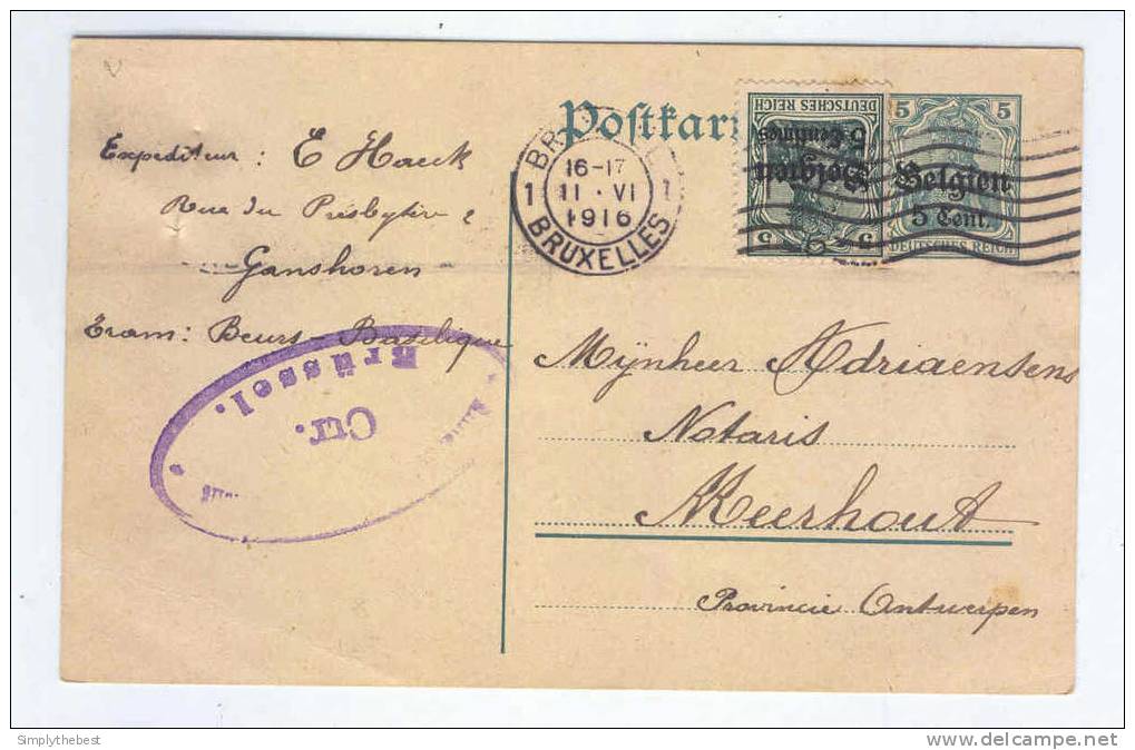 Entier Postal Germania Cachet Et Censure De BRUXELLES 1916 - Expéd. Haeck à GANSHOREN   -- LL / 514 - OC1/25 Gouvernement Général