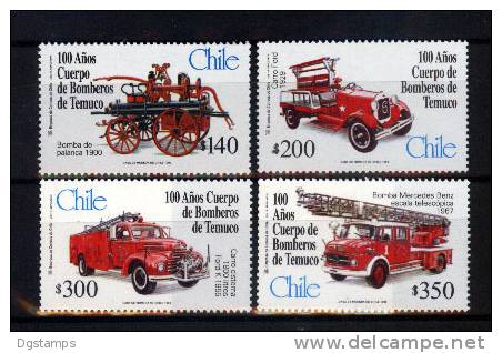 Chile 1999 Yv1480-83 ** Centenario Del Cuerpo De Bomberos De Temuco. Carros De Bomberos. - Feuerwehr