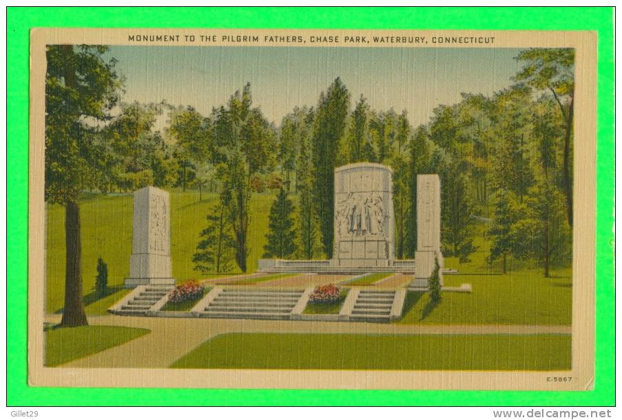 WATERBURY, CT - MONUMENT TO THE PILGRIM FATHERS, CHASE PARK - TRAVEL IN 1950 - - Waterbury