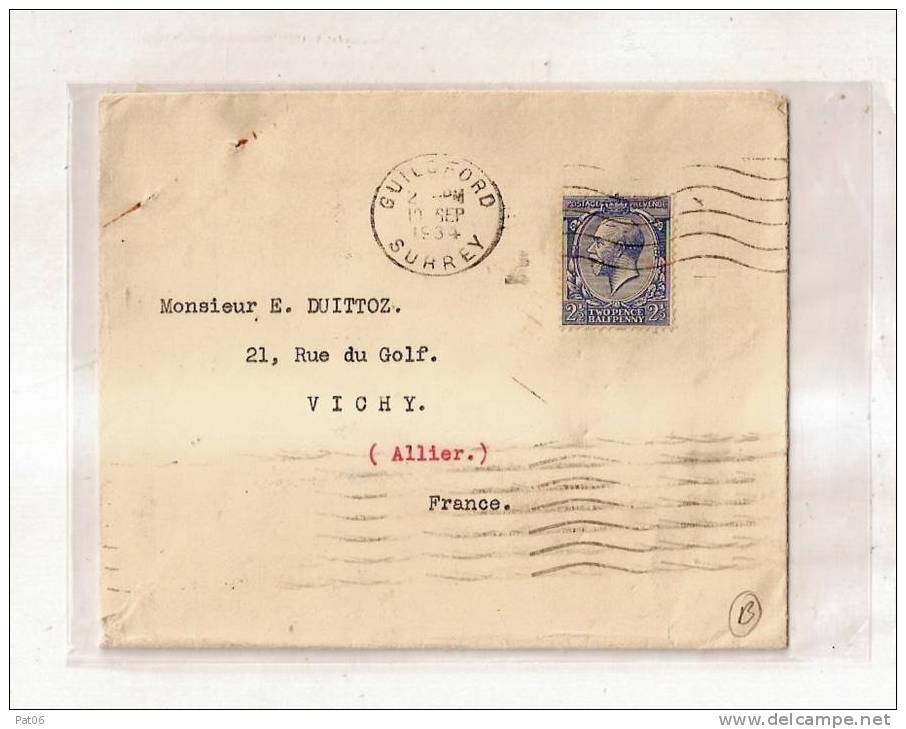 GUILOFORD   1934  SURREY  / FRANCE - Storia Postale