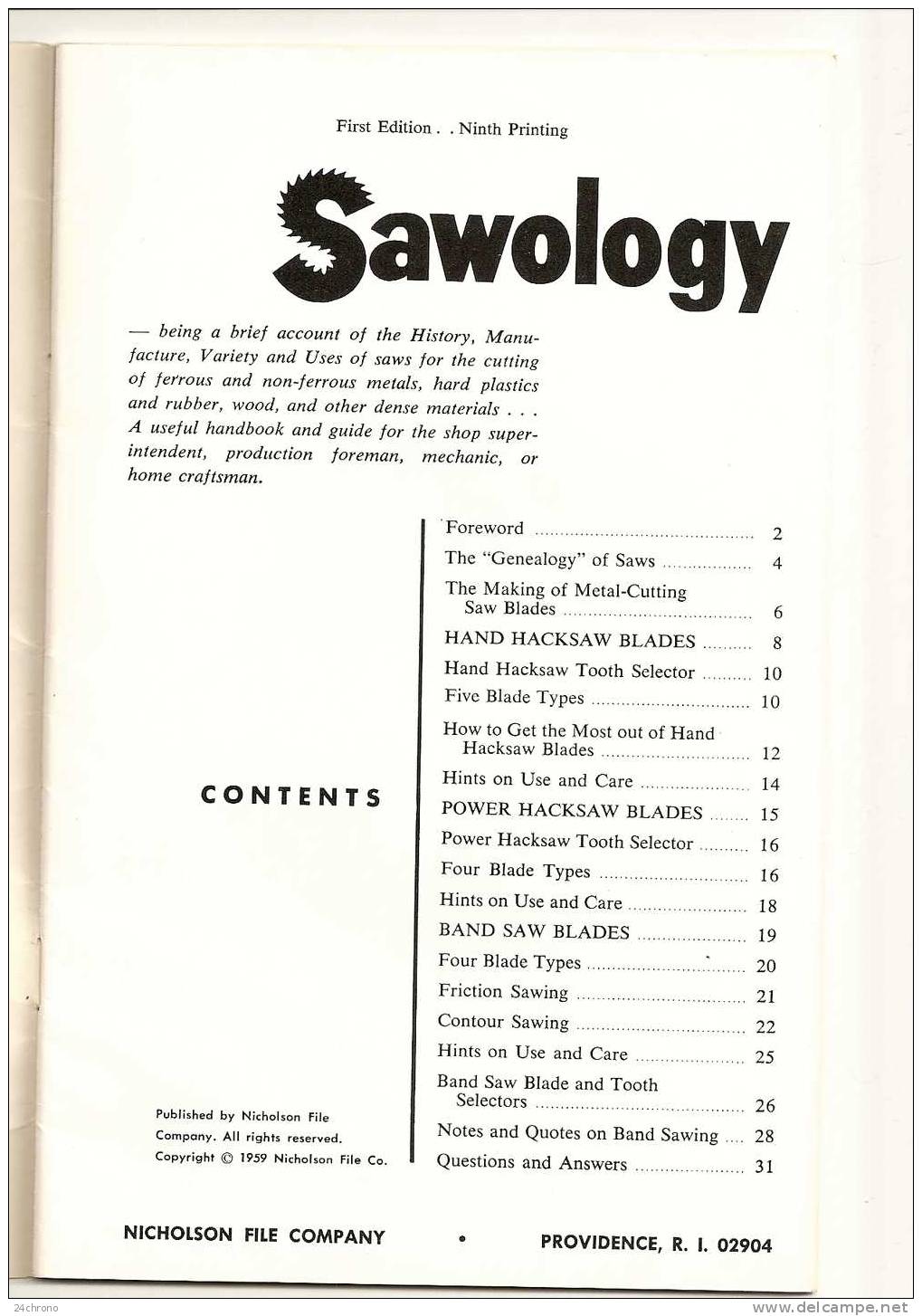 Catalogue Sur Les Lames De Scie, Sawology, Nicholson File Company, U.S.A., The Genealogy Of Saws (09-1265) - 1950-Now