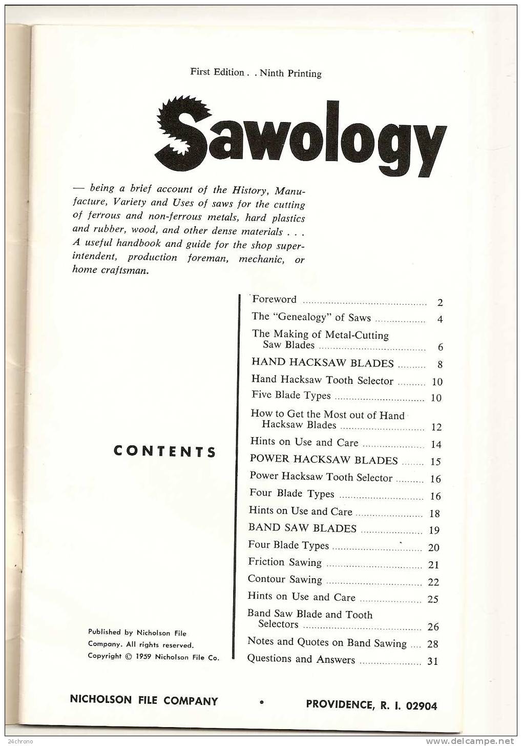 Catalogue Sur Les Lames De Scie, Sawology, Nicholson File Company, U.S.A., The Genealogy Of Saws (09-1265) - 1950-Hoy