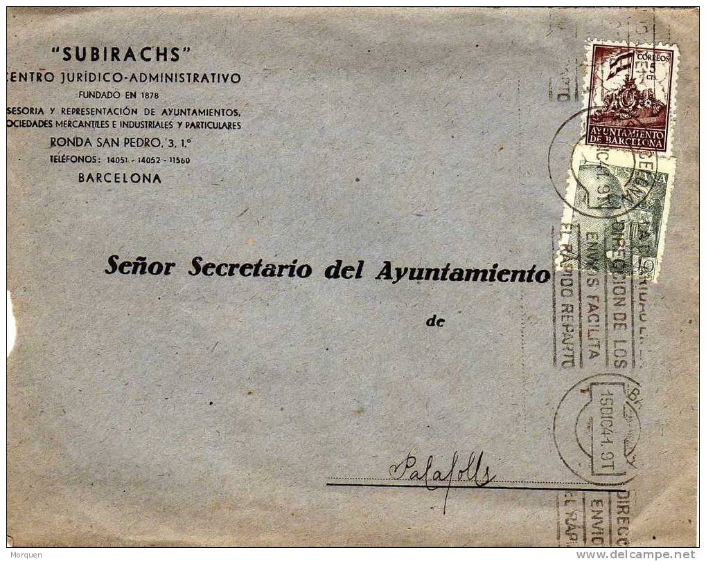 Carta Barcelona 1941. Sello Recargo Exposicion Ayuntamiento - Barcelona