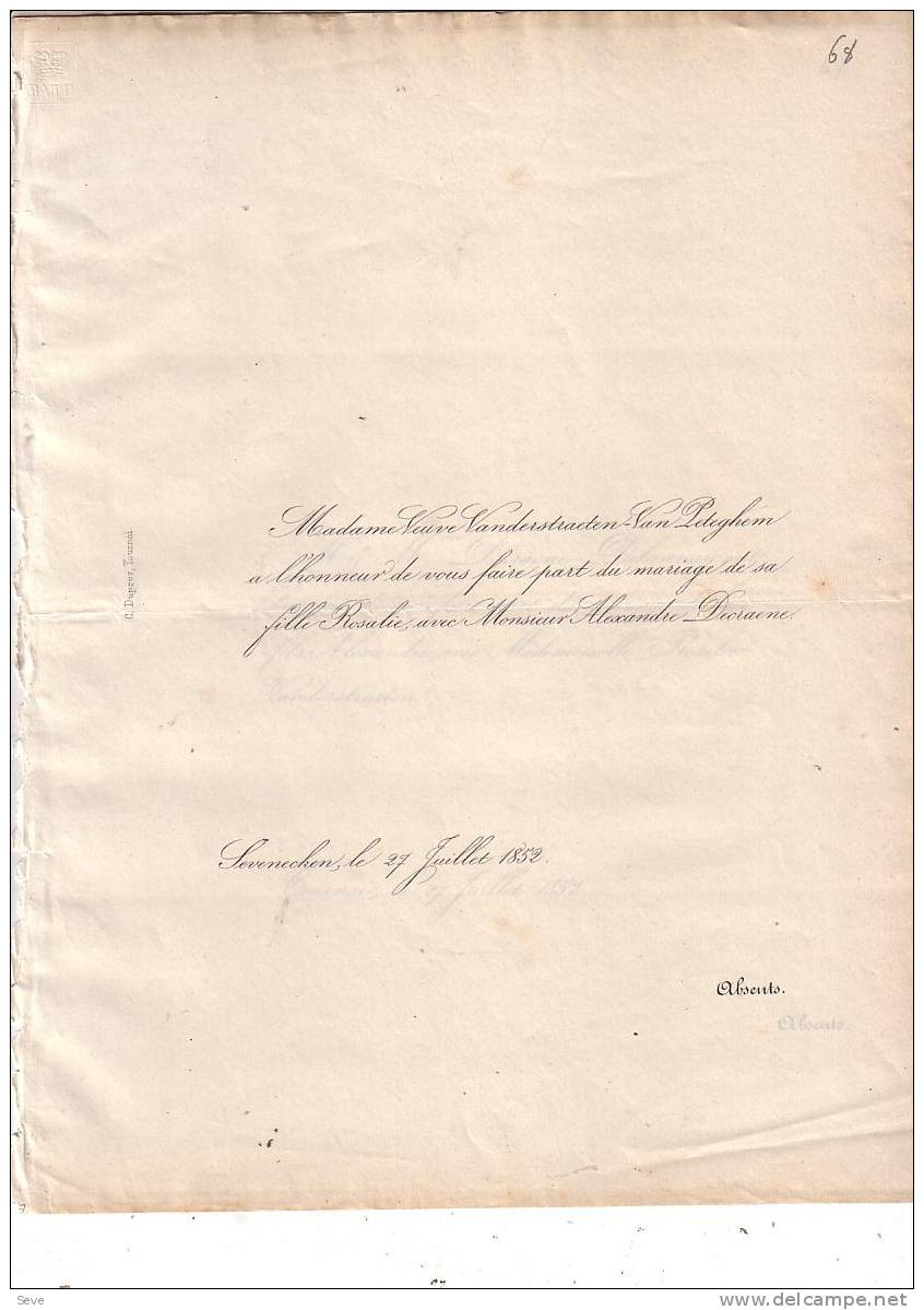 ZEVENEKEN LOCHRISTI TOURNAI Mariage 1852 Rosalie VANDERSTRAETEN Et Alexandre DECRAENE Les 2 Faire-part échangés - Autres & Non Classés