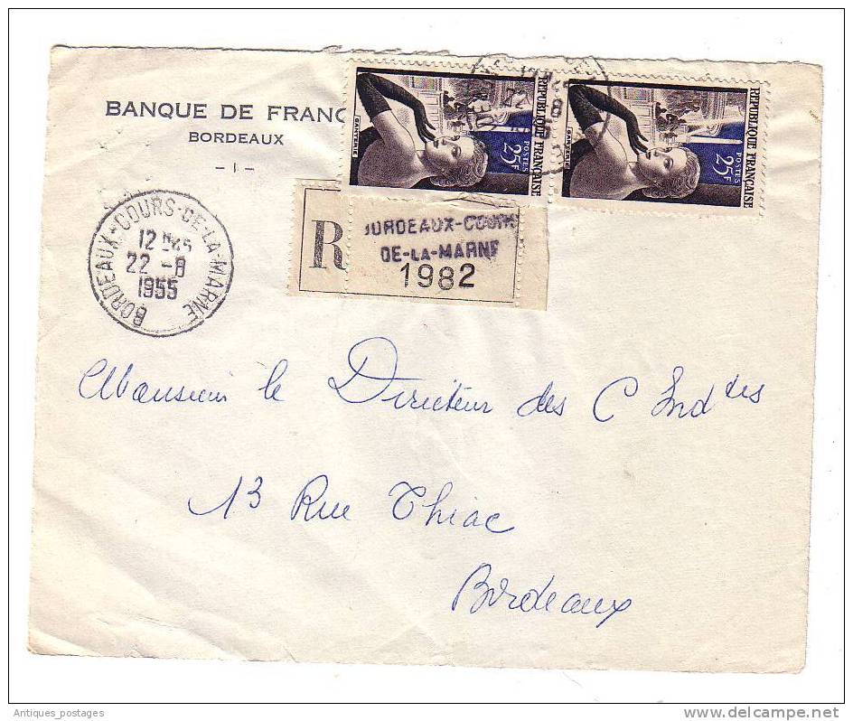 Recommandé Paire Ganterie 25F Gant 1955 Bordeaux Banque De France - 1960-1969