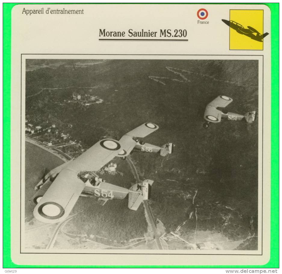 AVION - FICHE ILLUSTRÉES - MORANE SAULNIER MS.230 - DIMENSION 15 X 15 Cm - FRANCE - - Vliegtuigen