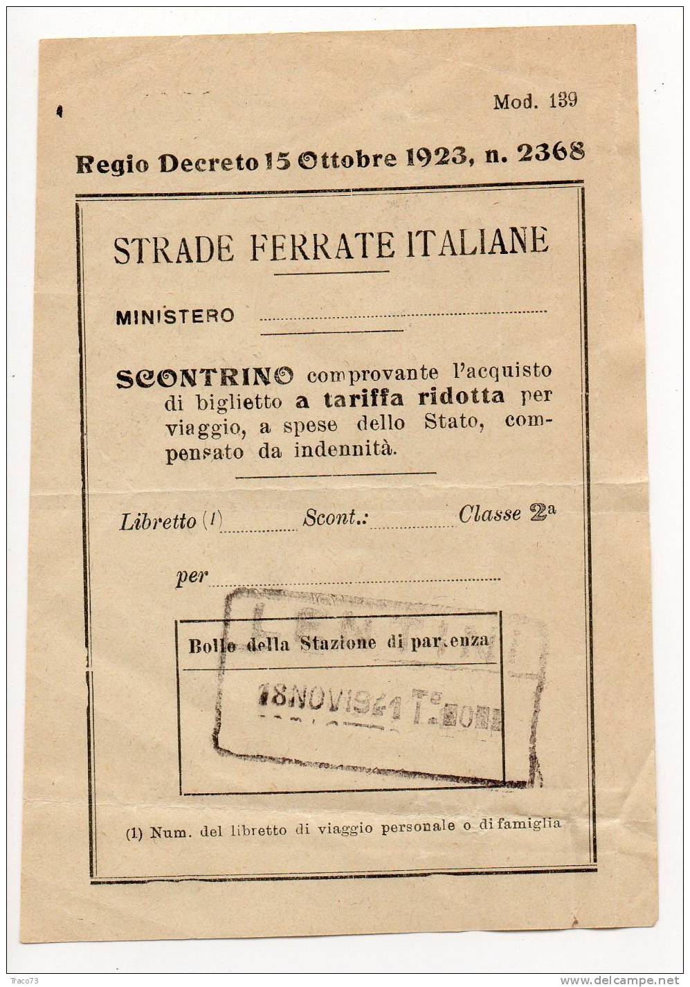 LENTINI   - ROMA - 18.11.1941  / Scontrino Per Acquisto Del Biglietto A Tariffa Ridotta  -RR - Europa