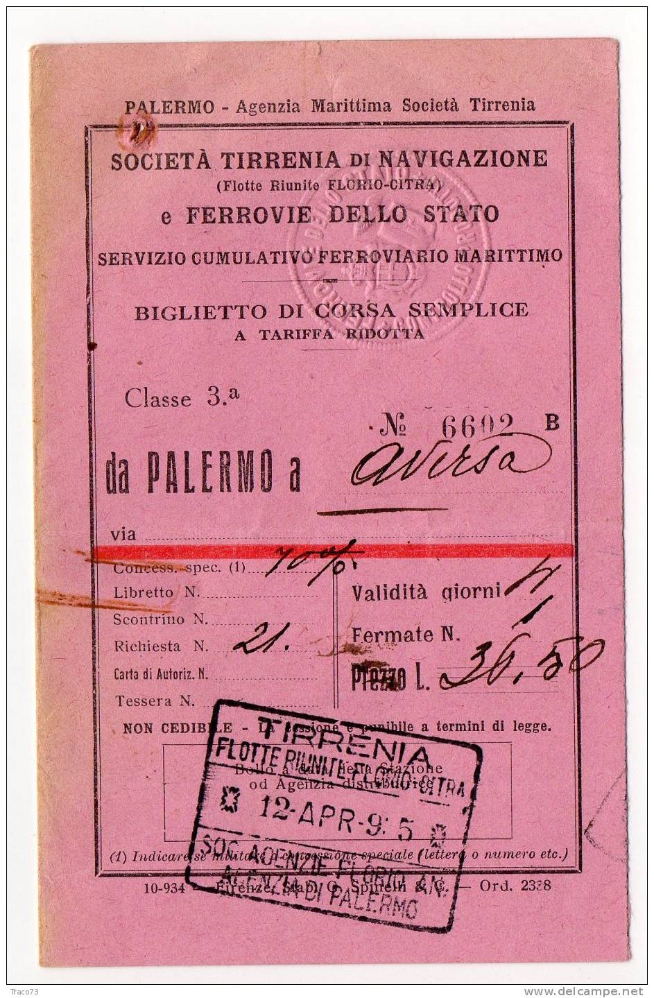 PALERMO  - AVERSA  - 12.04.1950  / Società Tirrenia Di Navig. (Flotte Riunite FLORIO -CITRA) - Europa