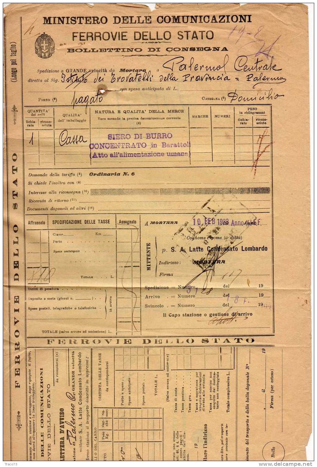 MORTARA  - PALERMO 10.02.1933  / FERROVIE DELLO STATO - Bollettino Di Consegna - RR - Europa