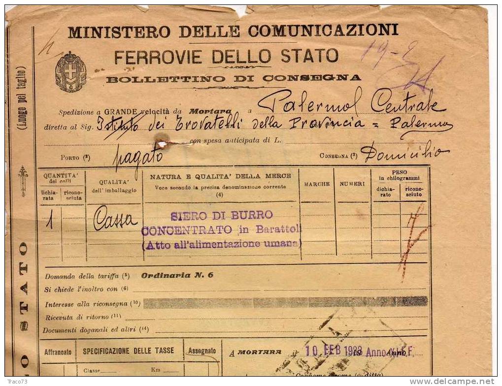 MORTARA  - PALERMO 10.02.1933  / FERROVIE DELLO STATO - Bollettino Di Consegna - RR - Europa