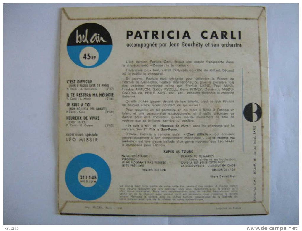 PATRICIA CARLI  JE SUIS A TOI  Sur Disque BEL A N°   211145 - Collectors