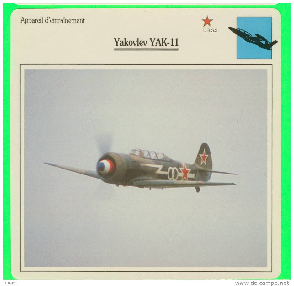 AVION, FICHE ILLUSTRÉE - YAKOVLEV YAK-11 - URSS - DIMENSION 15 X 15cm - - Flugzeuge