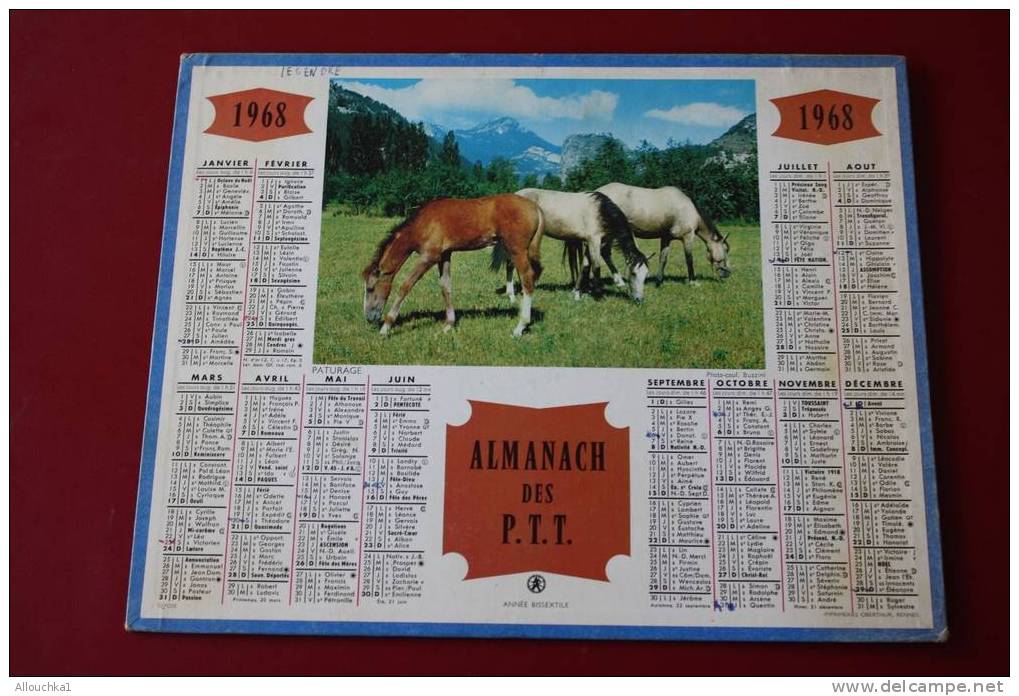1968 CALENDRIER ALMANACH DES PTT PATURAGES CHEVAUX - Tamaño Grande : 1961-70