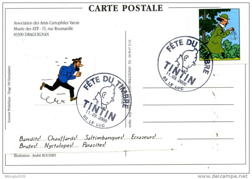 TINTIN EN DRACENIE. CP DU XVI SALON COLLECTION PASSION DE DRAGUIGNAN 1997. TIMBRE TINTIN ET TAMPON FËTE DU TIMBRE 2000 - Postcards