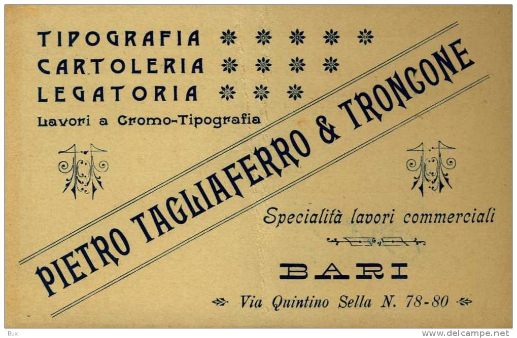 COMMERCIO BARI TIPOGRAFIA  TAGLIAFERRO E TRONCONE    VIAGGIATA  COME DA FOTO FORMATO PICCOLO PIEGA VERTICALE - Mercaderes