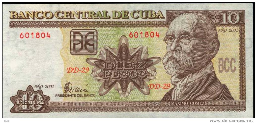 BANCO CENTRAL DE CUBA 10 PESOS  ANNO 2001  FIOR DI STAMPA  FDS BANCONOTA  BILLET CART.33 - Cuba