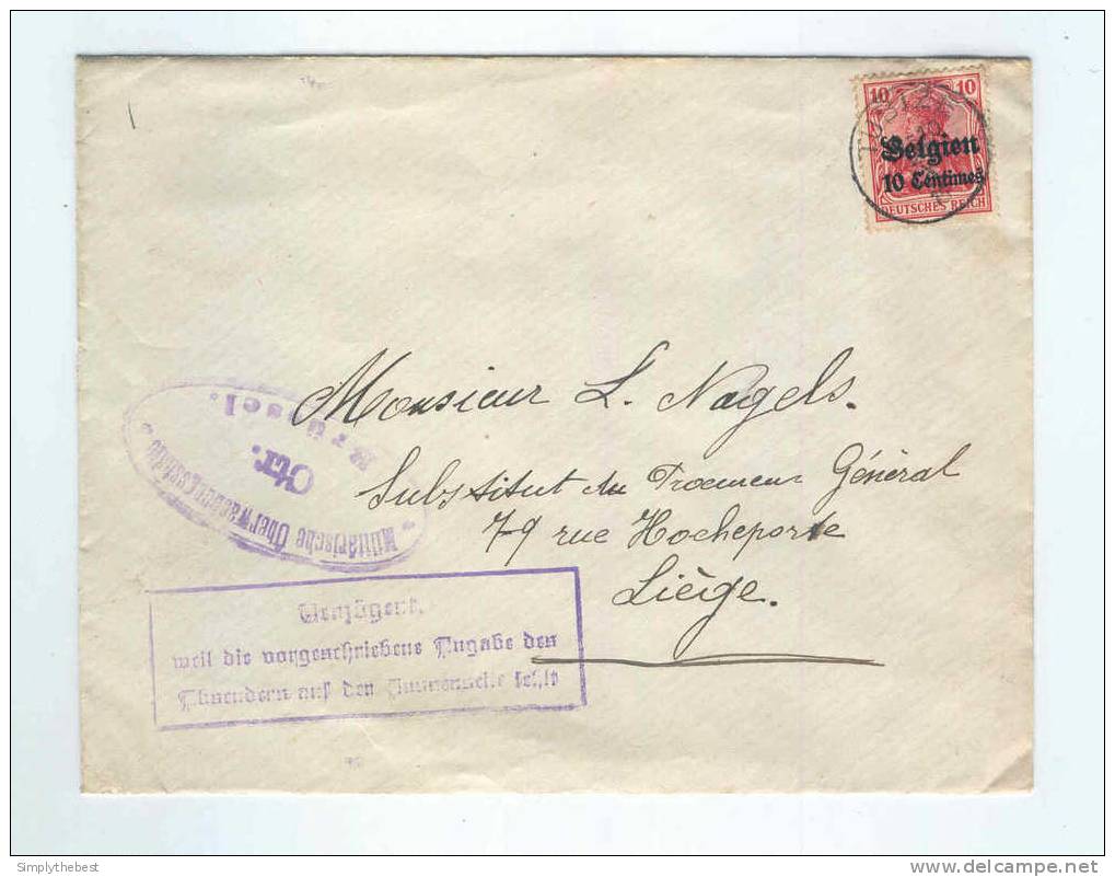 Lettre TP Germania TUBIZE 1915 Vers LIEGE - Censure BXL Et Cachet Verzogert Wil Die Vorgeschrieben Angabe ... - LL / 606 - OC1/25 Gouvernement Général