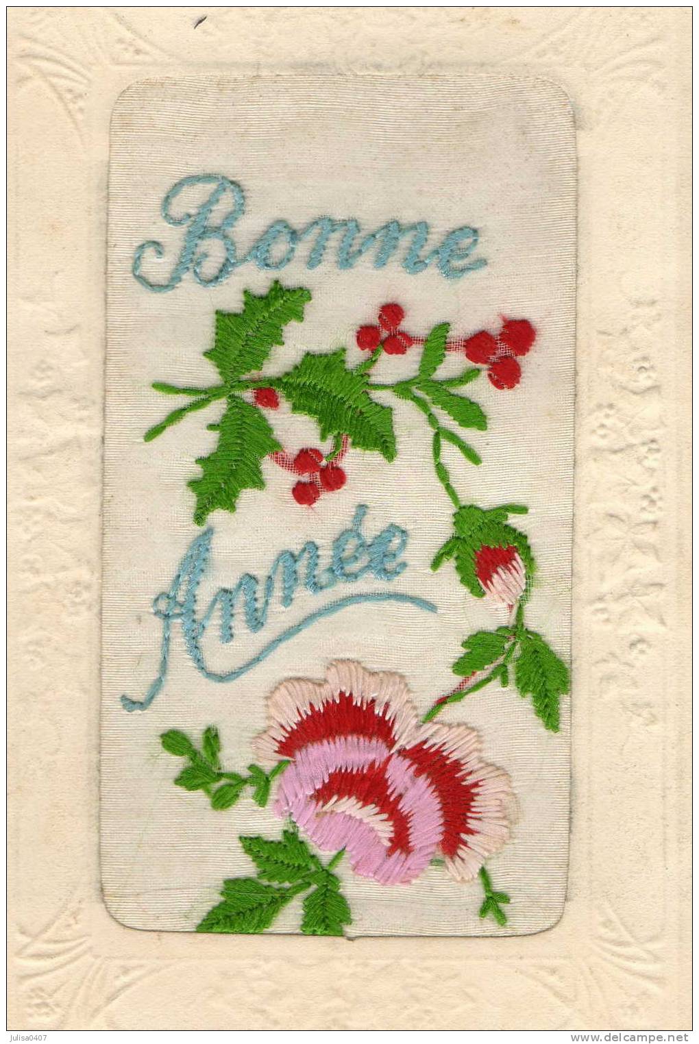 BONNE ANNEE Fantaisie Brodée Houx Rose Rouge - Bestickt