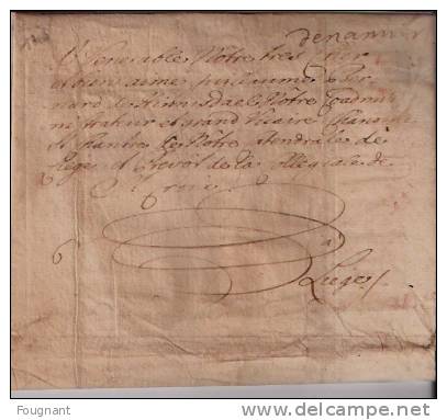 BELGIQUE : 1703:Précurseur:NAMUR Vers LIEGE.Inscription" De Namur à La Plume."Manuscrite. - 1621-1713 (Pays-Bas Espagnols)