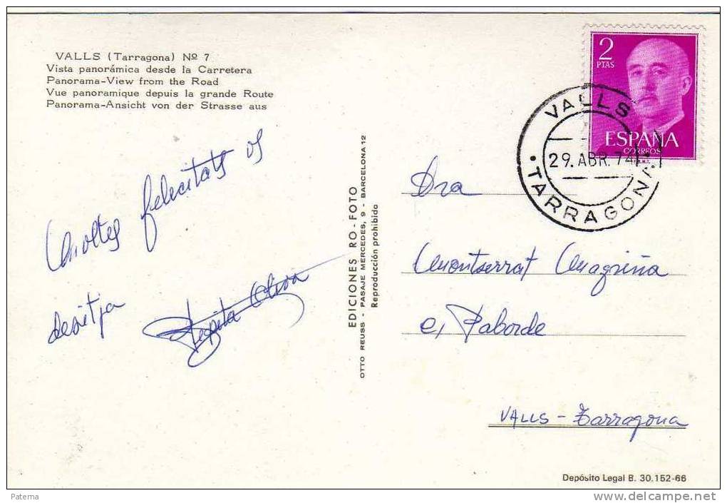 3753  Postal, Valls , Tarragona,  1974, - Cartas & Documentos