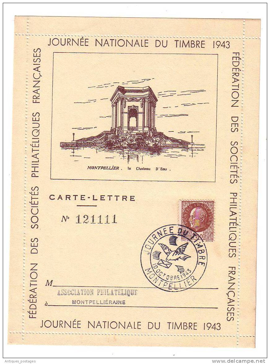 Carte Lettre JOURNEE DU TIMBRE 1943 Pétain 1F50 Montpellier Hérault Château D'eau - Tag Der Briefmarke