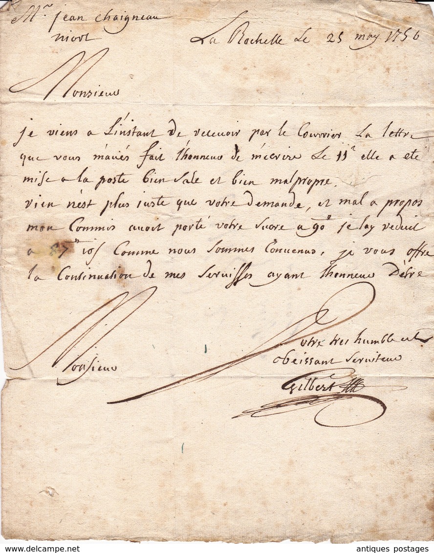 Lettre 1756 Avec Correspondance La Rochelle Charente-Maritime Pour Niort Deux-Sèvres Jean Chaigneau - 1701-1800: Précurseurs XVIII