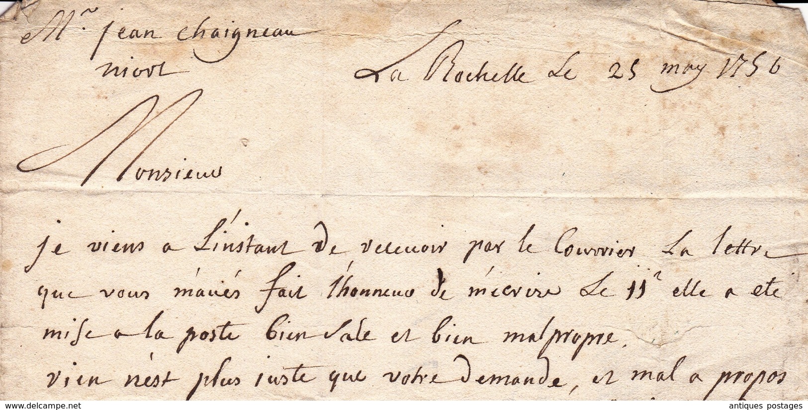 Lettre 1756 Avec Correspondance La Rochelle Charente-Maritime Pour Niort Deux-Sèvres Jean Chaigneau - 1701-1800: Précurseurs XVIII