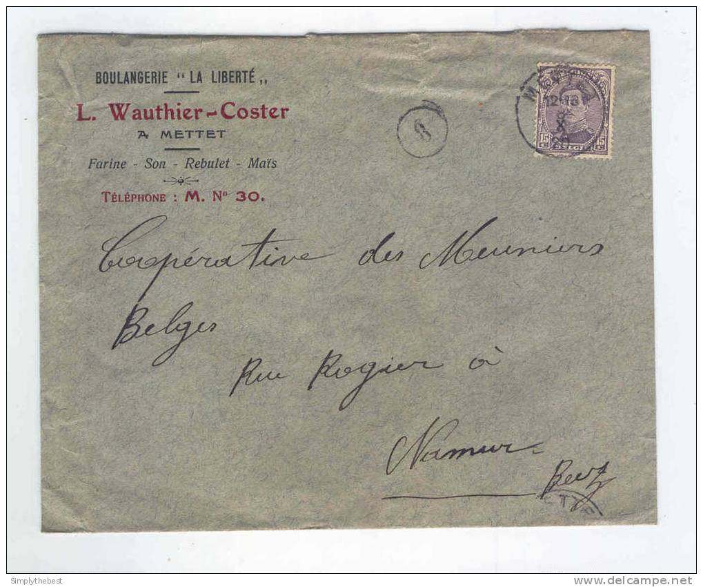 Lettre TP Albert 15  METTET 1920 - Entete Boulangerie La Liberté - L.Wauthier - Coster   -- LL / 660 - 1915-1920 Albert I