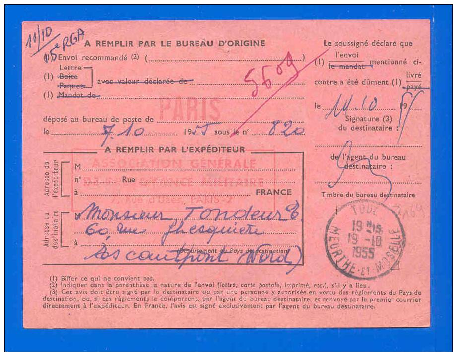 Avis De Réception N°515 (164) TOUL Meurthe Et Moselle 1955 - Documents Of Postal Services