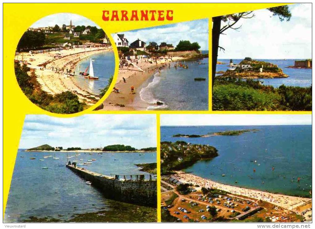 CPSM. CARANTEC. LA PLAGE DU KELENN. LA GREVE BLANCHE. LE CHATEAU DU TAUREAU ET L'ILE LOUET. LE PORT ET L'ILE CALLOT. - Carantec